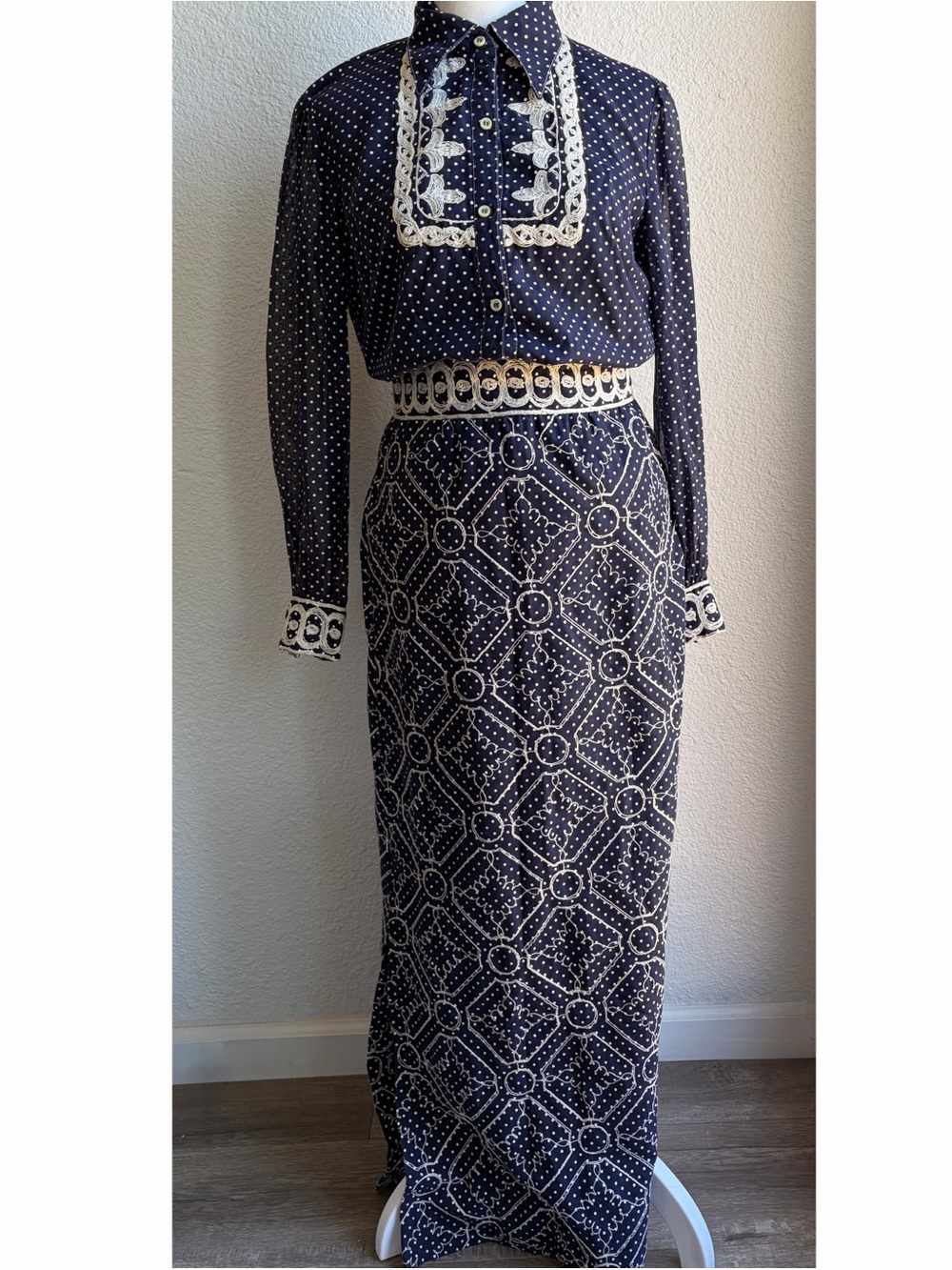 70s Union Made Navy Embroidered Polka Dot 2 Piece Prairie Suit Set